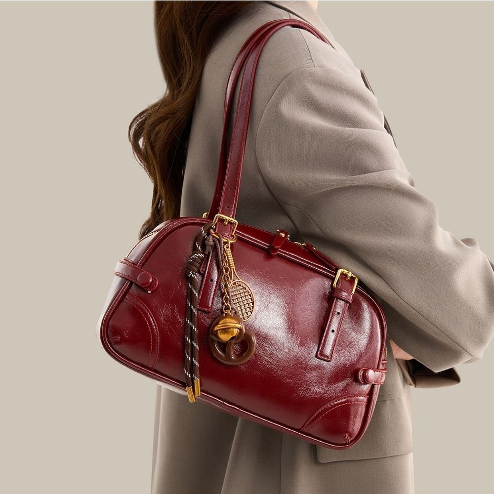 Vintage Style Faux Leather Shoulder Bag Women's Red Satchel Handbag